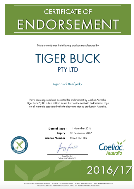 Tiger Buck Jerky Gluten Free Certification